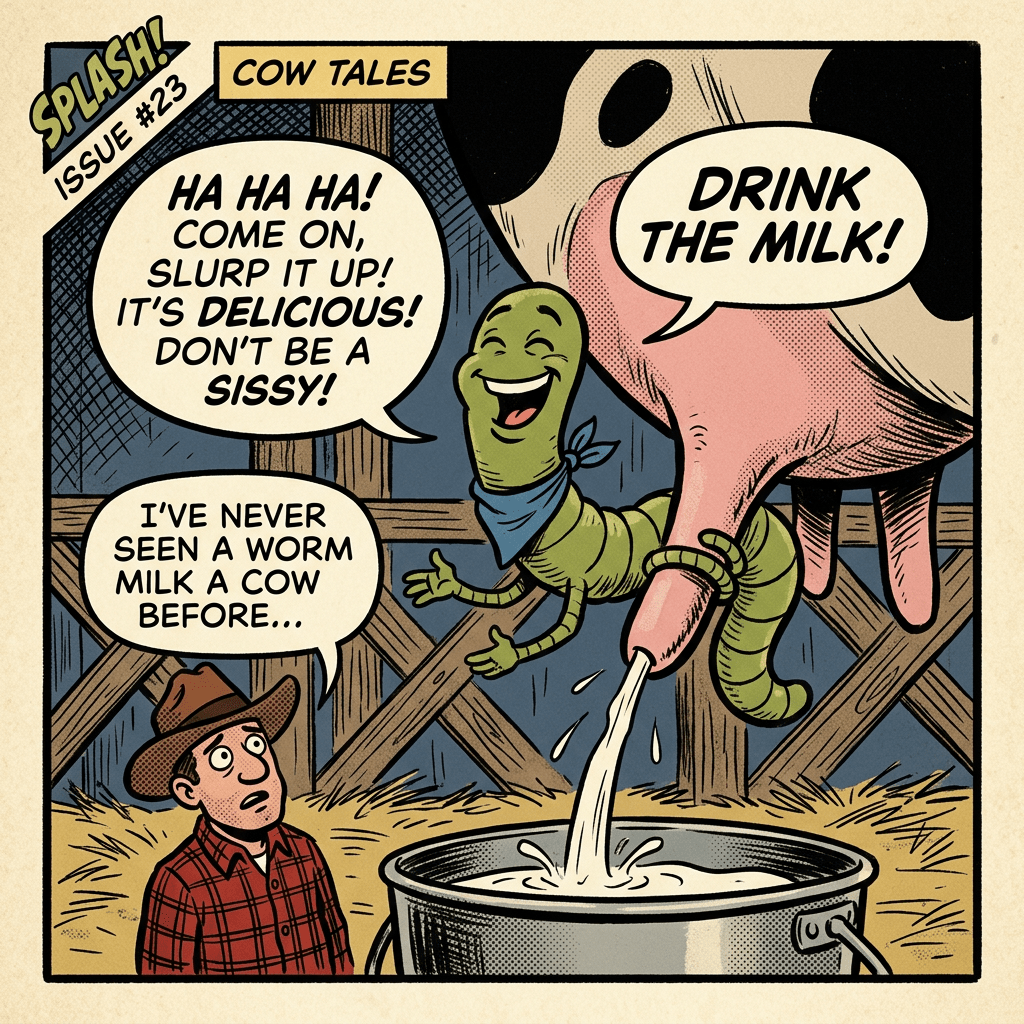 A happy worm drinking milk directly from a cow's udder while a surprised man watches