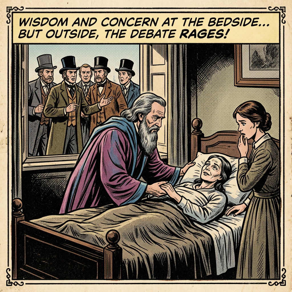 Wiseman and woman at sickbed, politicians outside
