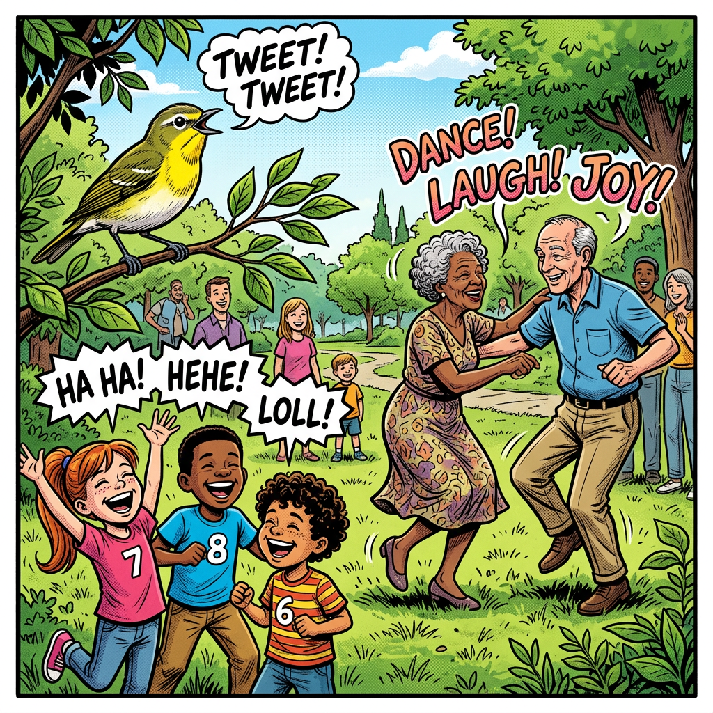 Yellow-throated Vireo singing, children laugh, elders dance