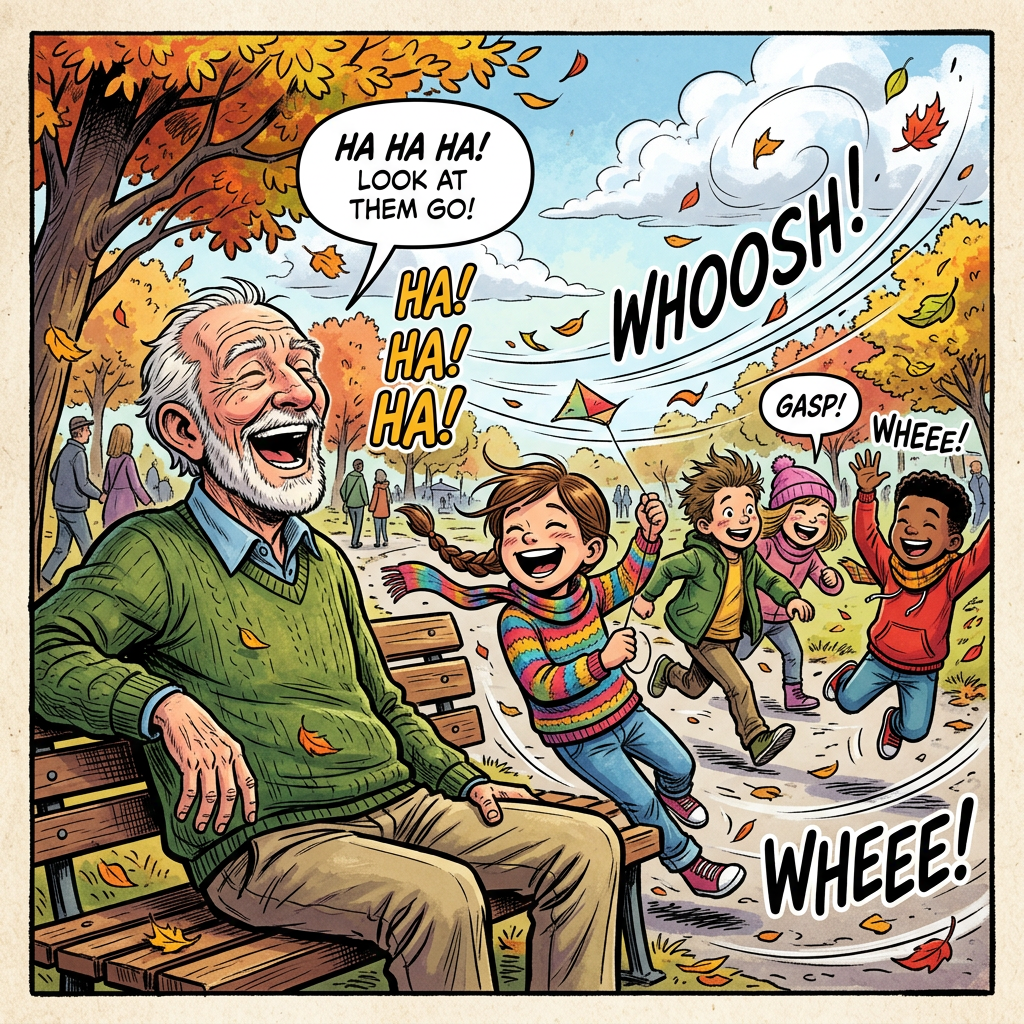 Old man laughing, children playing in wind