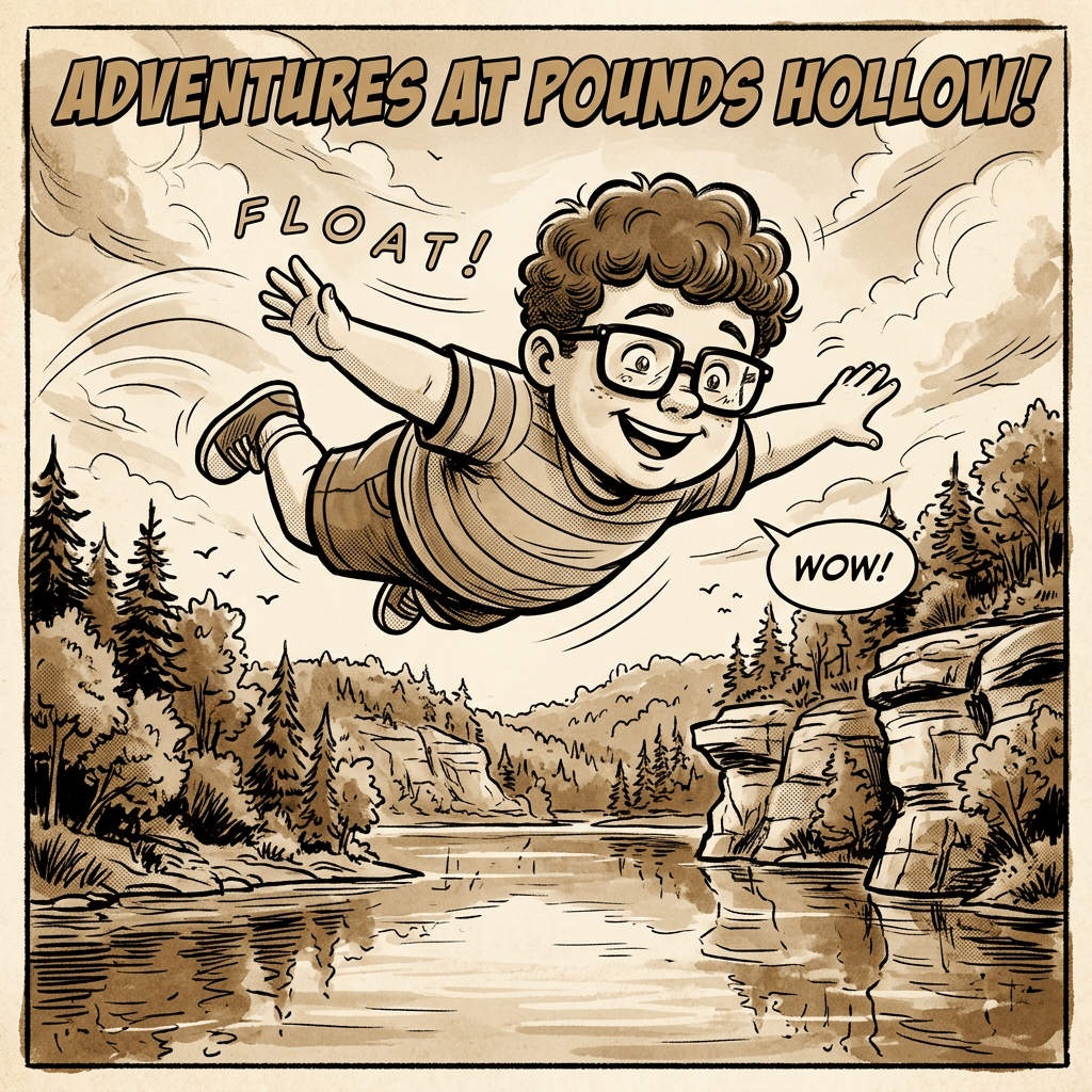 Boy with glasses and striped shirt floating over a river surrounded by trees and cliffs