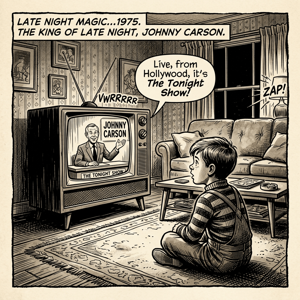 Boy sitting on floor watching Johnny Carson on vintage television in a 1975 living room