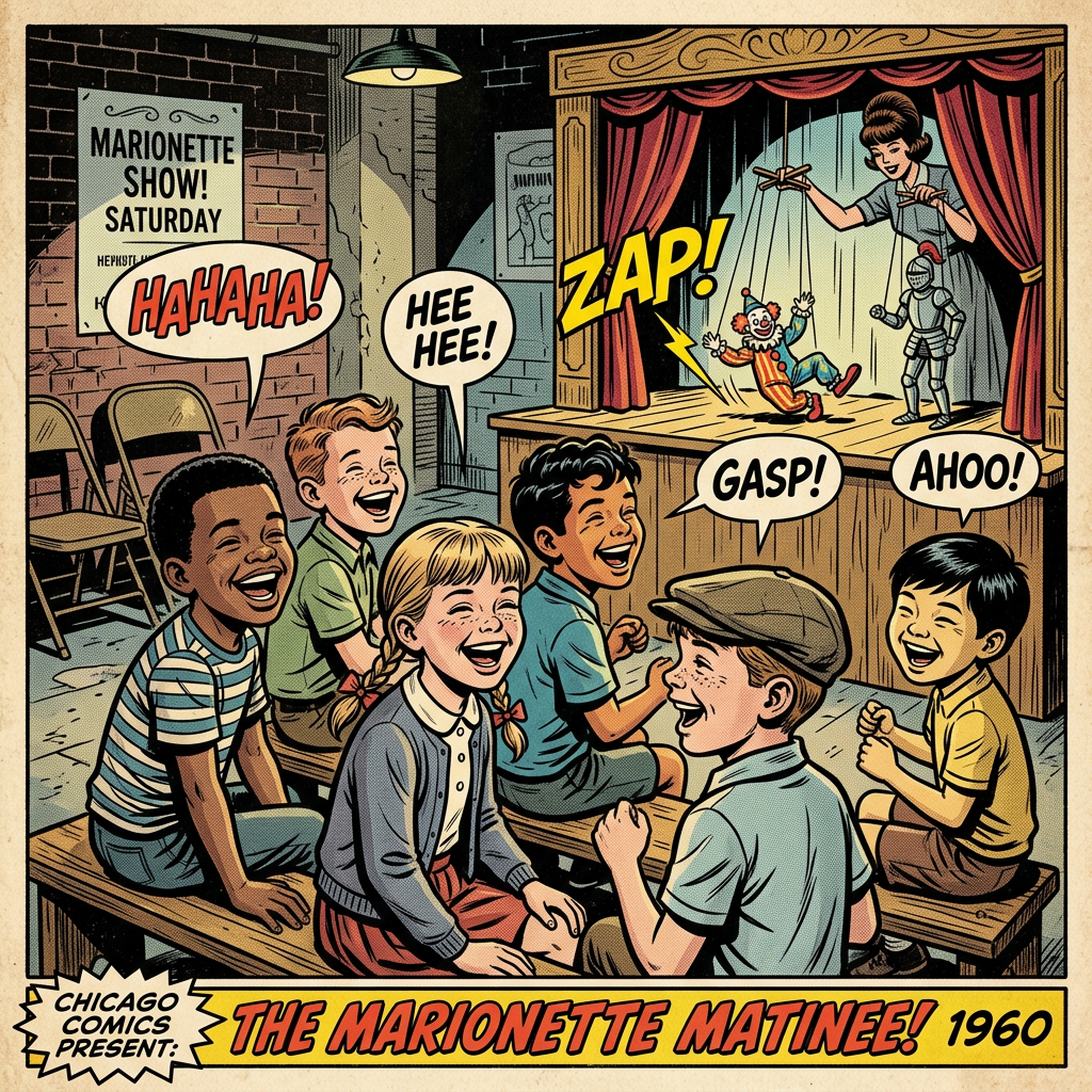 Diverse kids laughing at marionette show 1960 Chicago