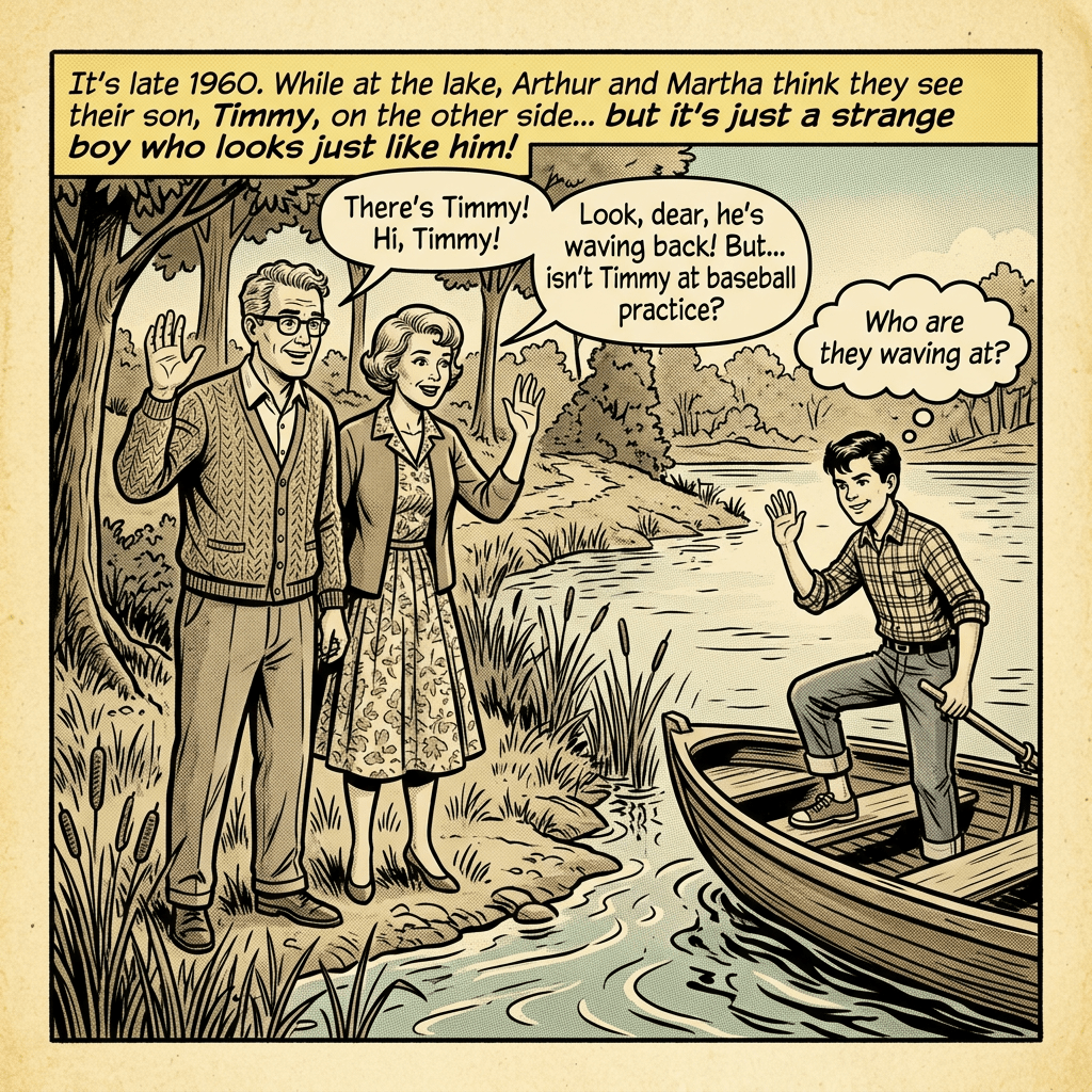 Parents waving at a boy in a boat who looks like their son Timmy at a lake