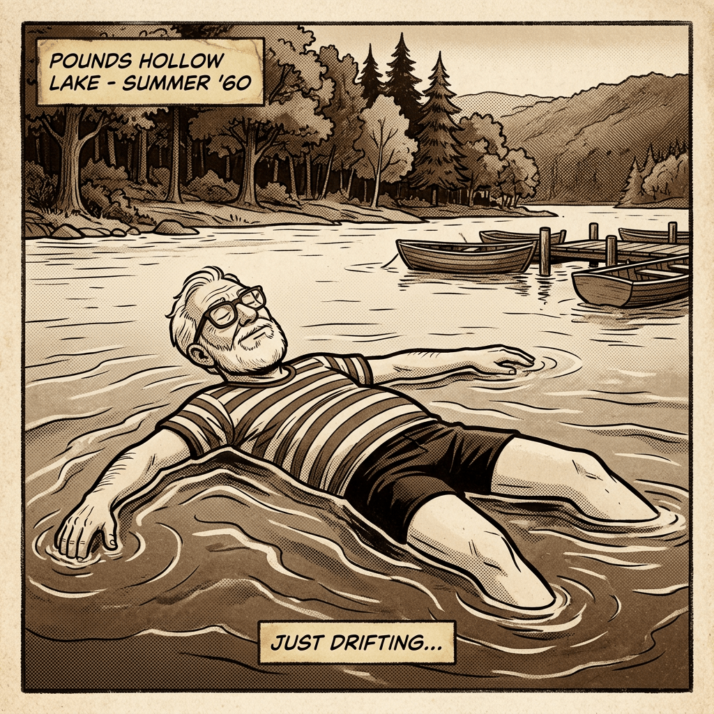 Old man floating at Pounds Hollow Lake 1960 sepia