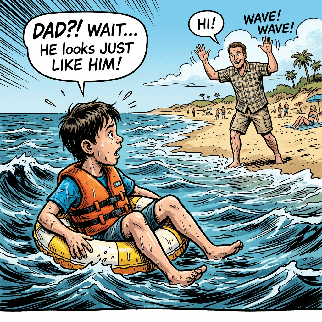 Boy floating sees dad lookalike waving ashore