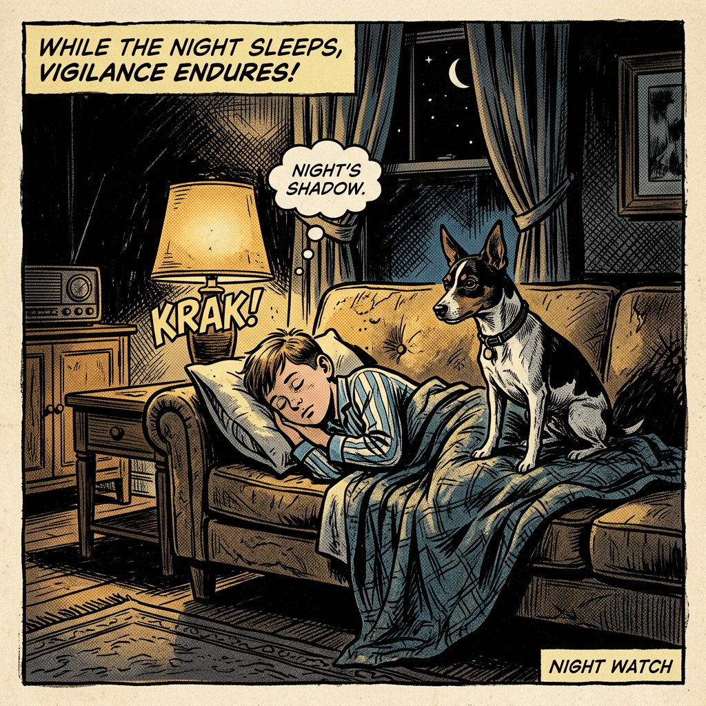 Rat terrier watching boy sleep on couch at night 1960