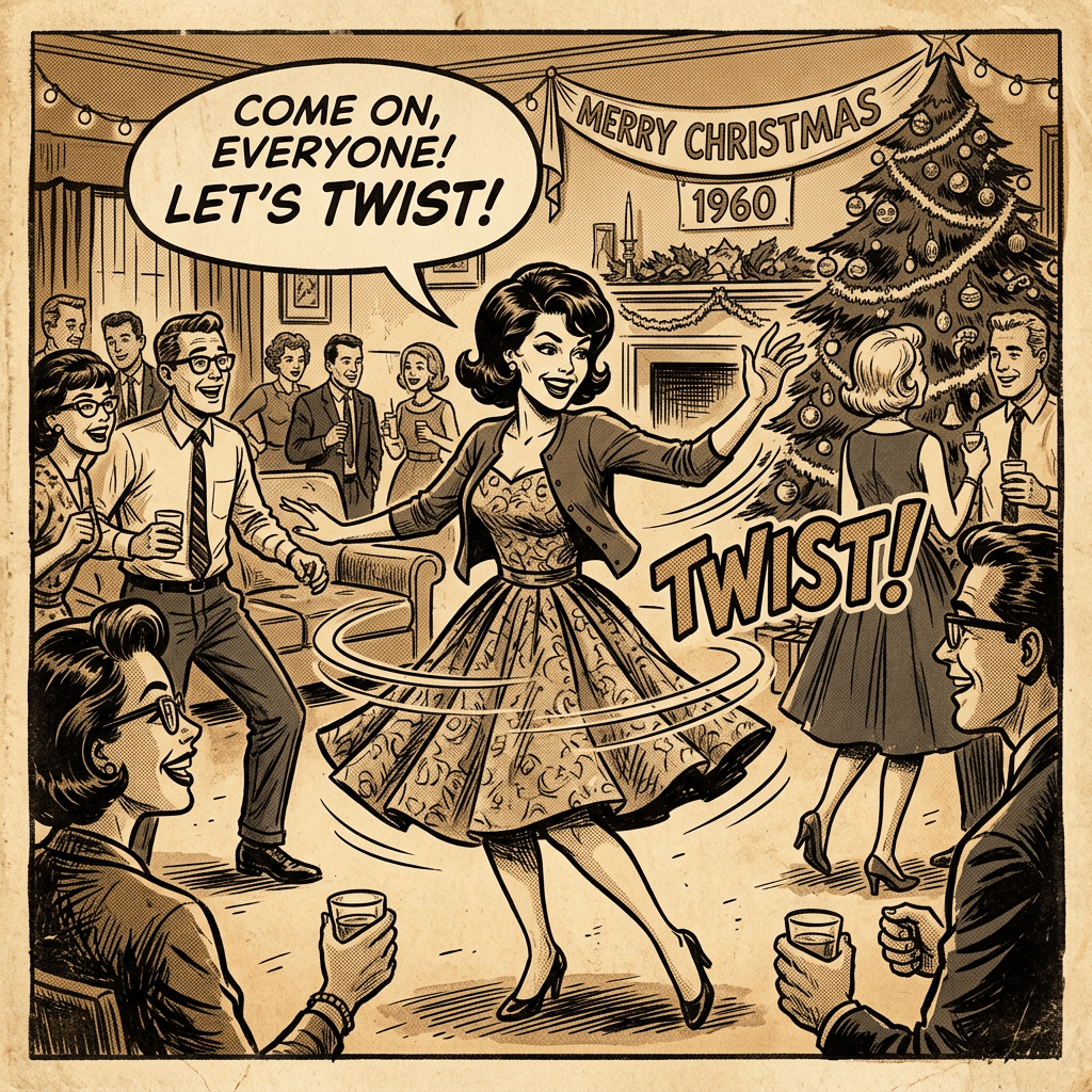 People dancing and celebrating at a 1960 Christmas party with a decorated Christmas tree