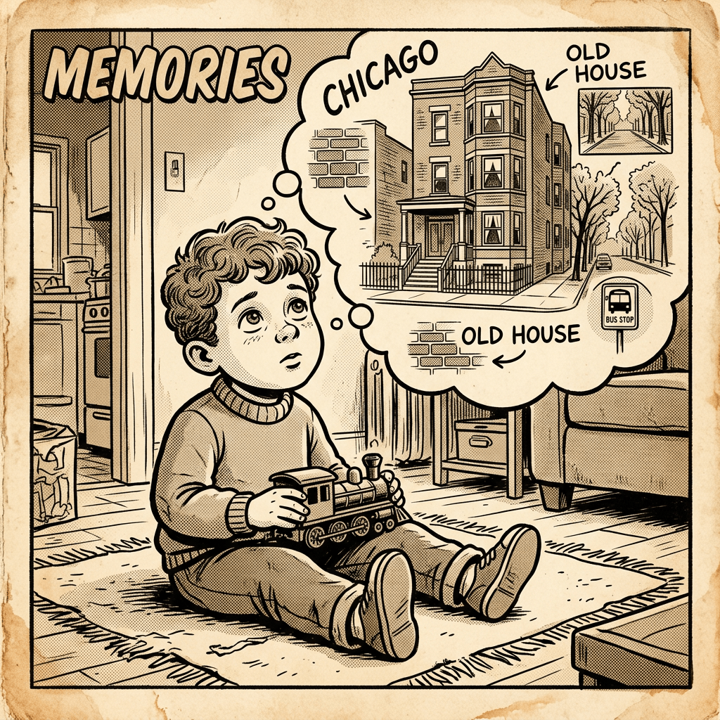 Young boy sitting on a rug holding a toy train, imagining an old Chicago house