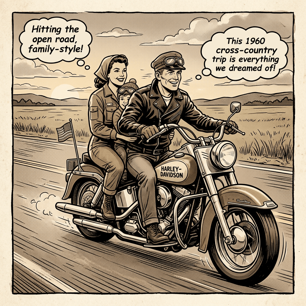 Family riding Harley Davidson motorcycle, 1960 sepia