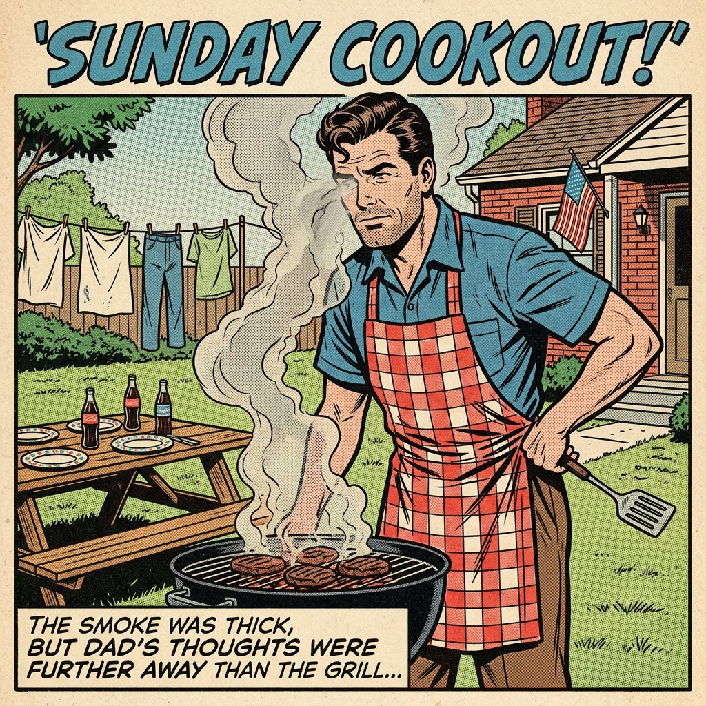Dad cooking cookout smoking, distant eyes, 1960