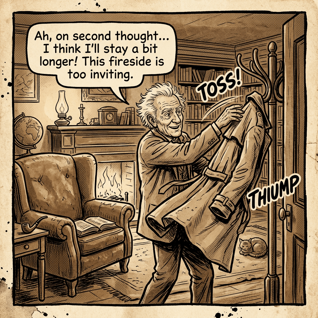 Elderly man hanging up his coat in a cozy library with a fireplace and a cat