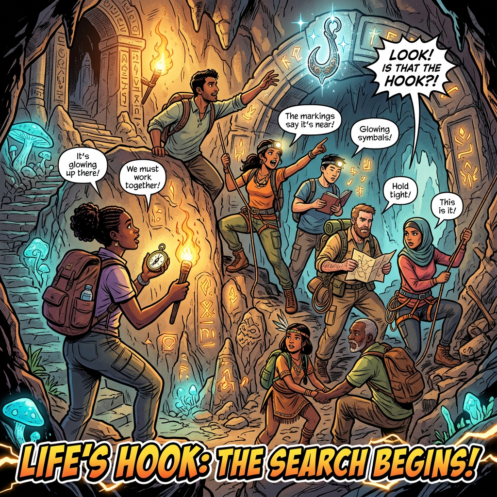 Group of explorers discovering a glowing hook surrounded by ancient symbols in a cave