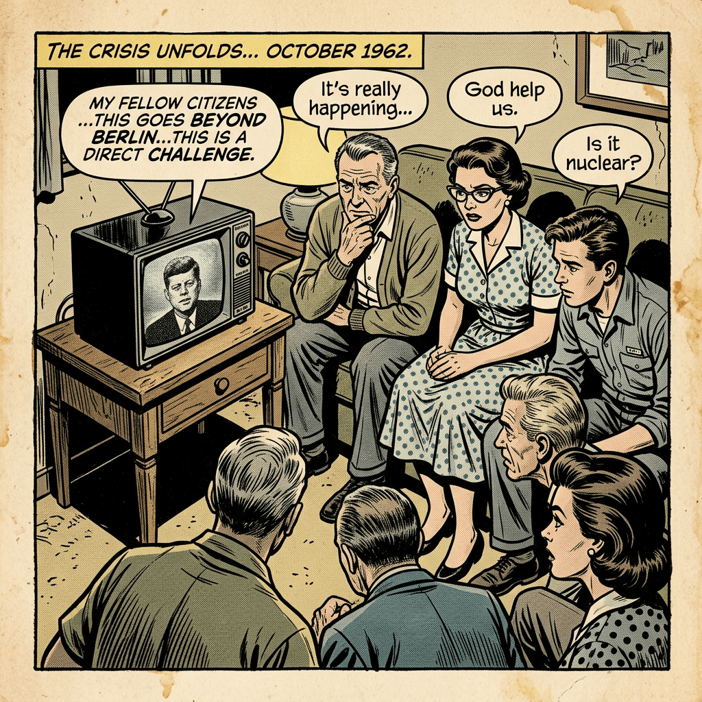 Neighbors watch portable TV Cuban Missile Crisis address