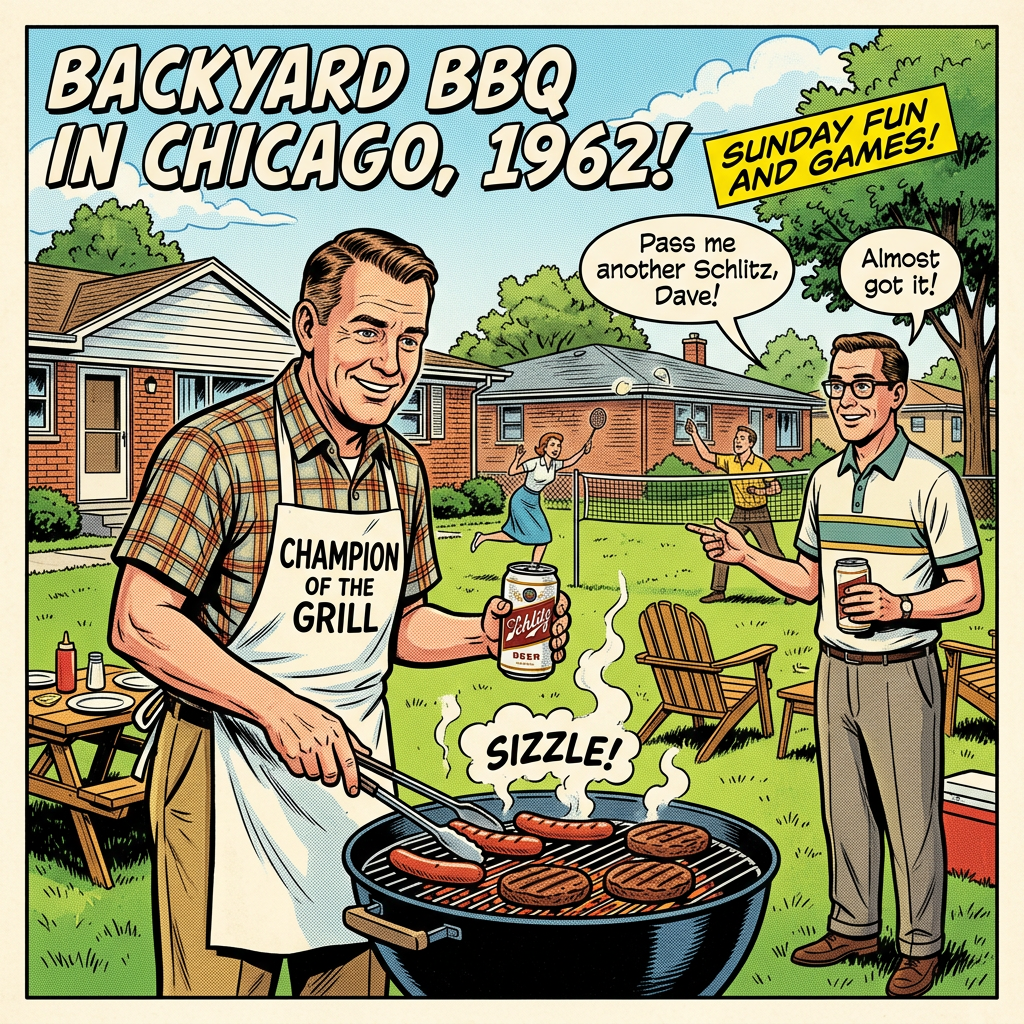 Dad cooking out 1962 Chicago neighbors badminton Schlitz beer