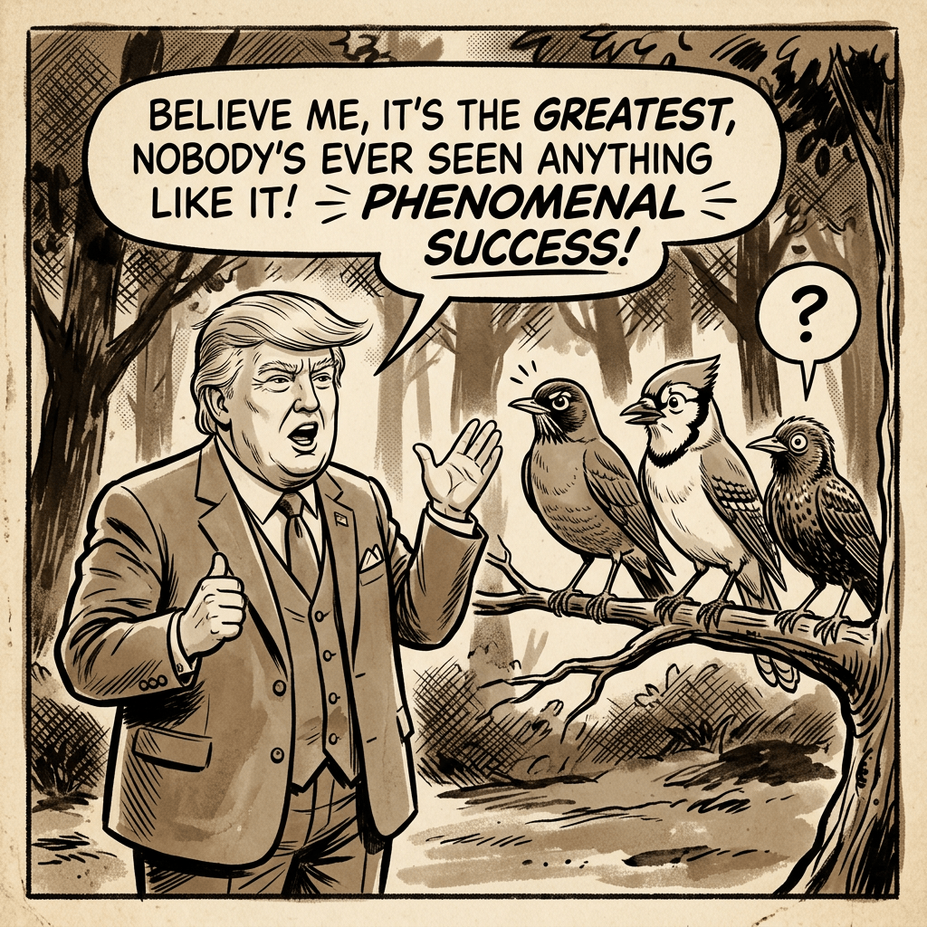 Man in suit passionately speaking to three birds on a branch, one bird confused
