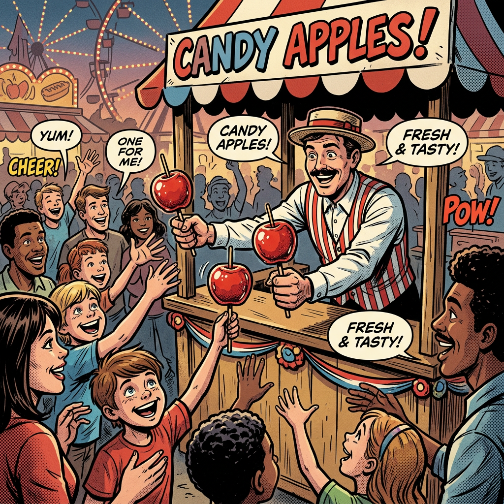Vendor handing out candy apples to excited children at a carnival booth