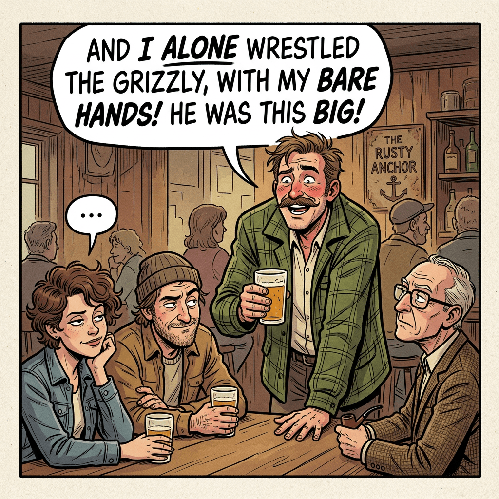 Quiet people watch man boast skeptically