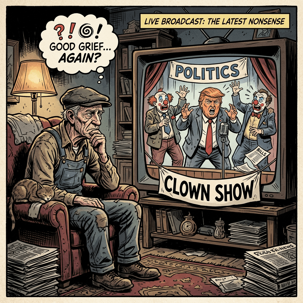 Old man watches politicians clown show, Trump center