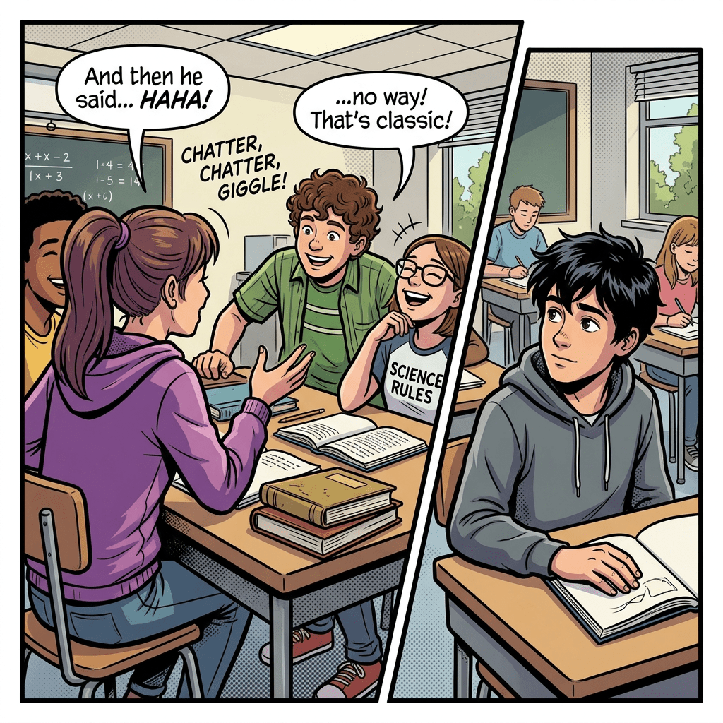 Student chatting with classmates, quiet boy watching