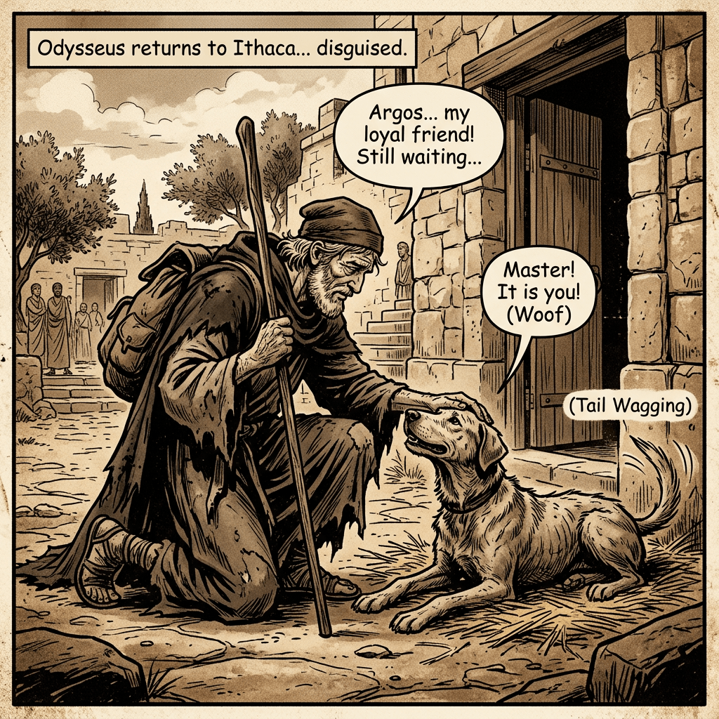 Disguised Odysseus kneeling and petting his dog Argos outside a stone building