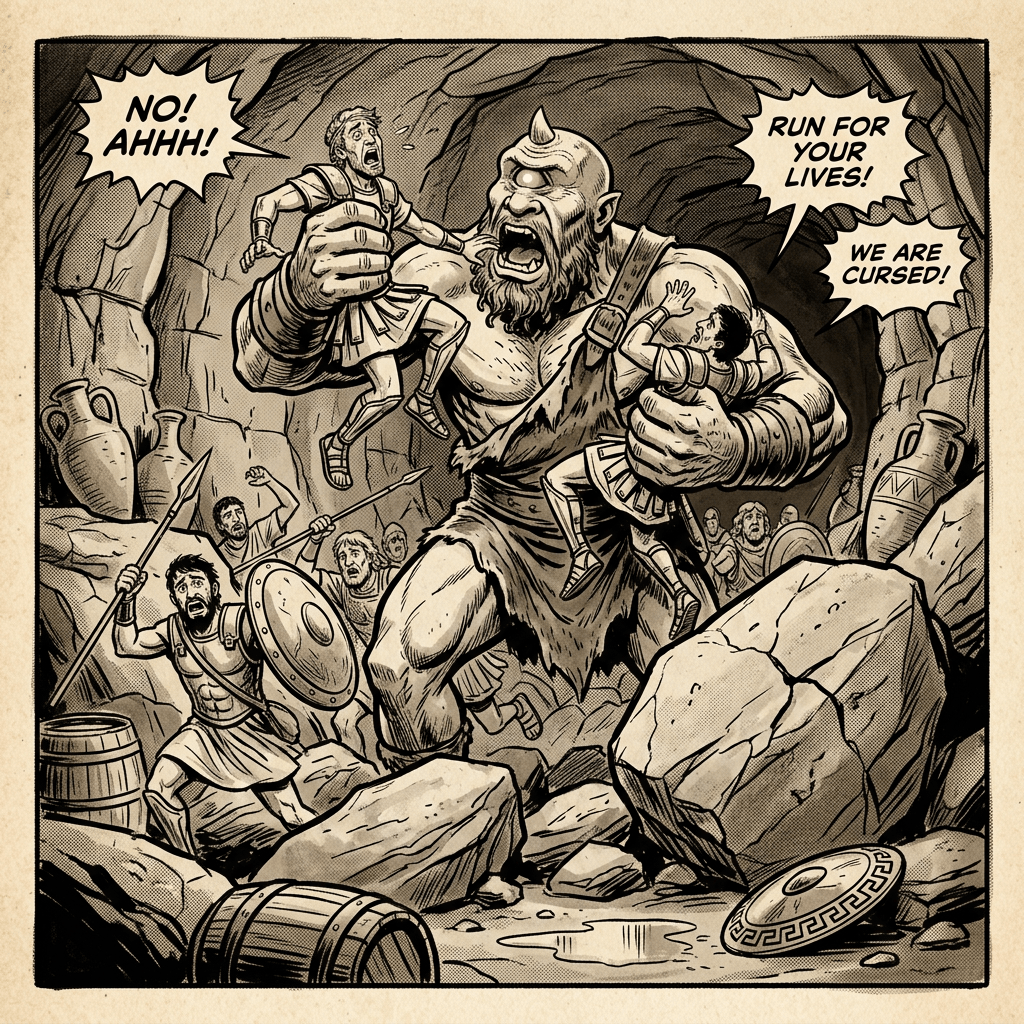 Cyclops holding two Greek soldiers in a rocky cave as others attack and flee