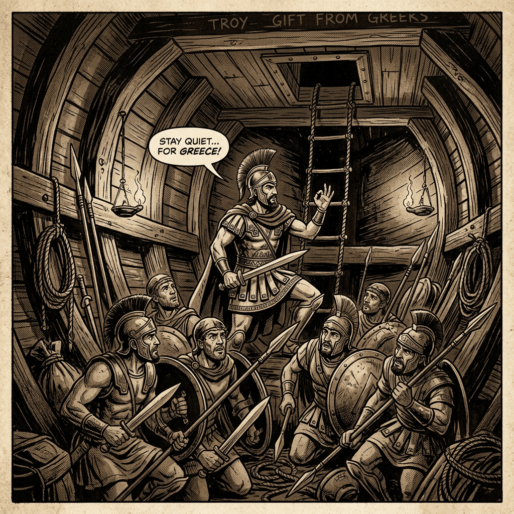 Greek soldiers armed and alert inside the wooden Trojan Horse