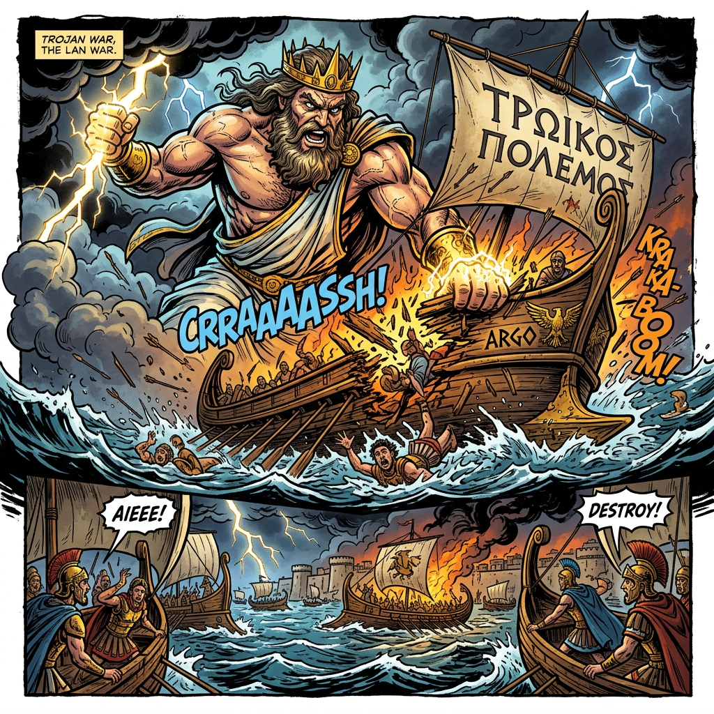 Lightning god breaking a ship in a stormy sea during Trojan War