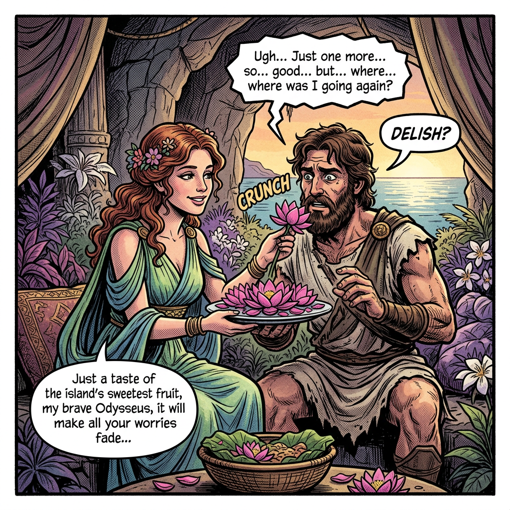 Calypso feeding lotus to confused Odysseus