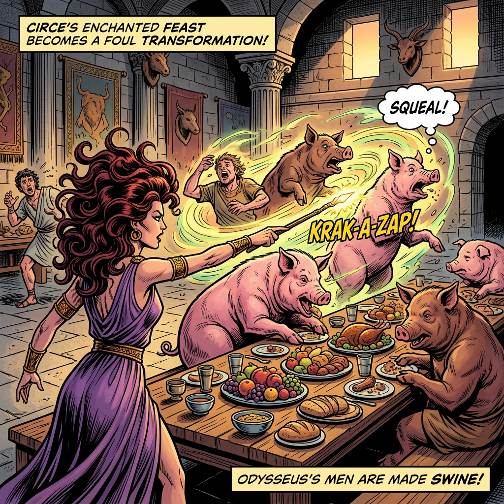 Circe transforms Odysseus' men into pigs dining