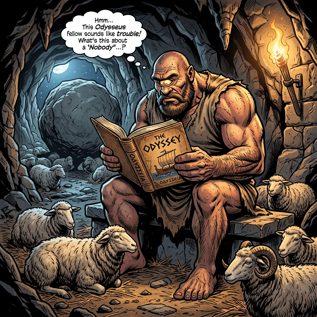 A cyclops sitting on a rock bench in a cave reading a book titled The Odyssey, surrounded by sheep.