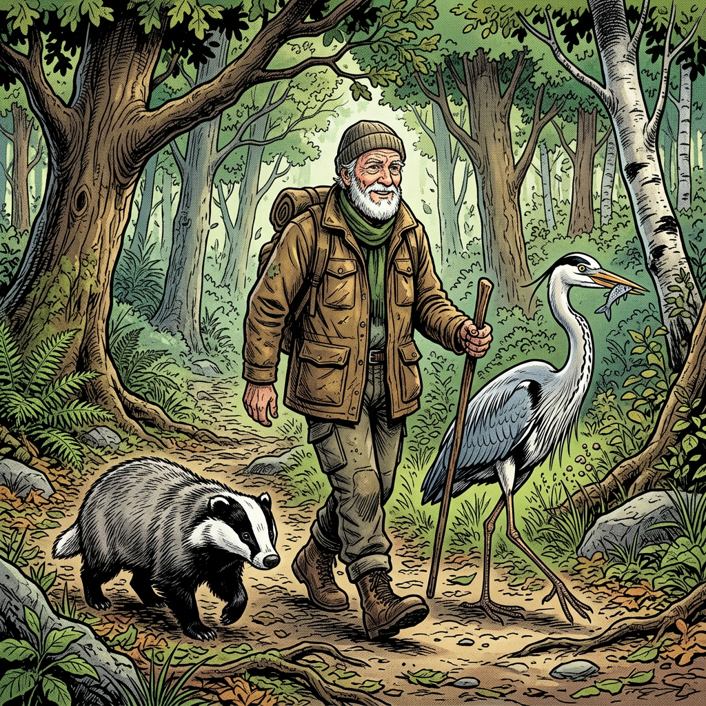 Elderly man hiking in forest with badger and fish-catching heron