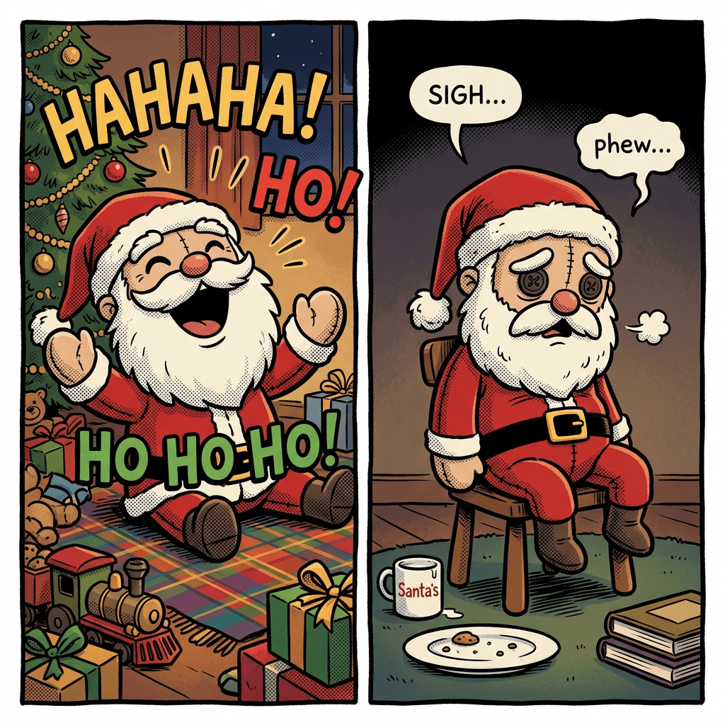 Santa Claus laughing cheerfully by Christmas tree and sitting tired with button eyes, empty cookie plate, and Santa's mug