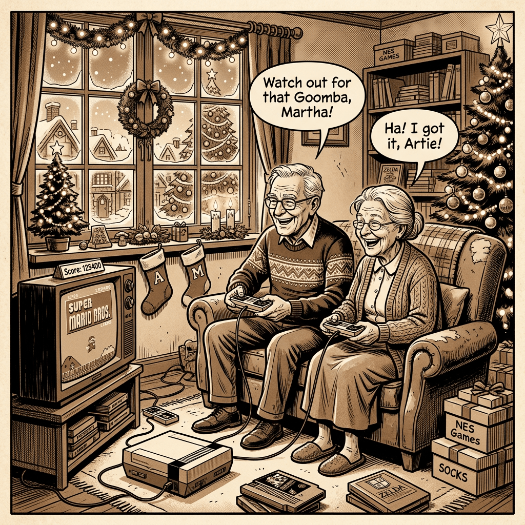 Elderly couple playing Nintendo by Christmas window sepia