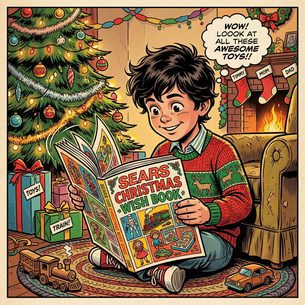 Little boy reading Sears Wishbook at Christmas