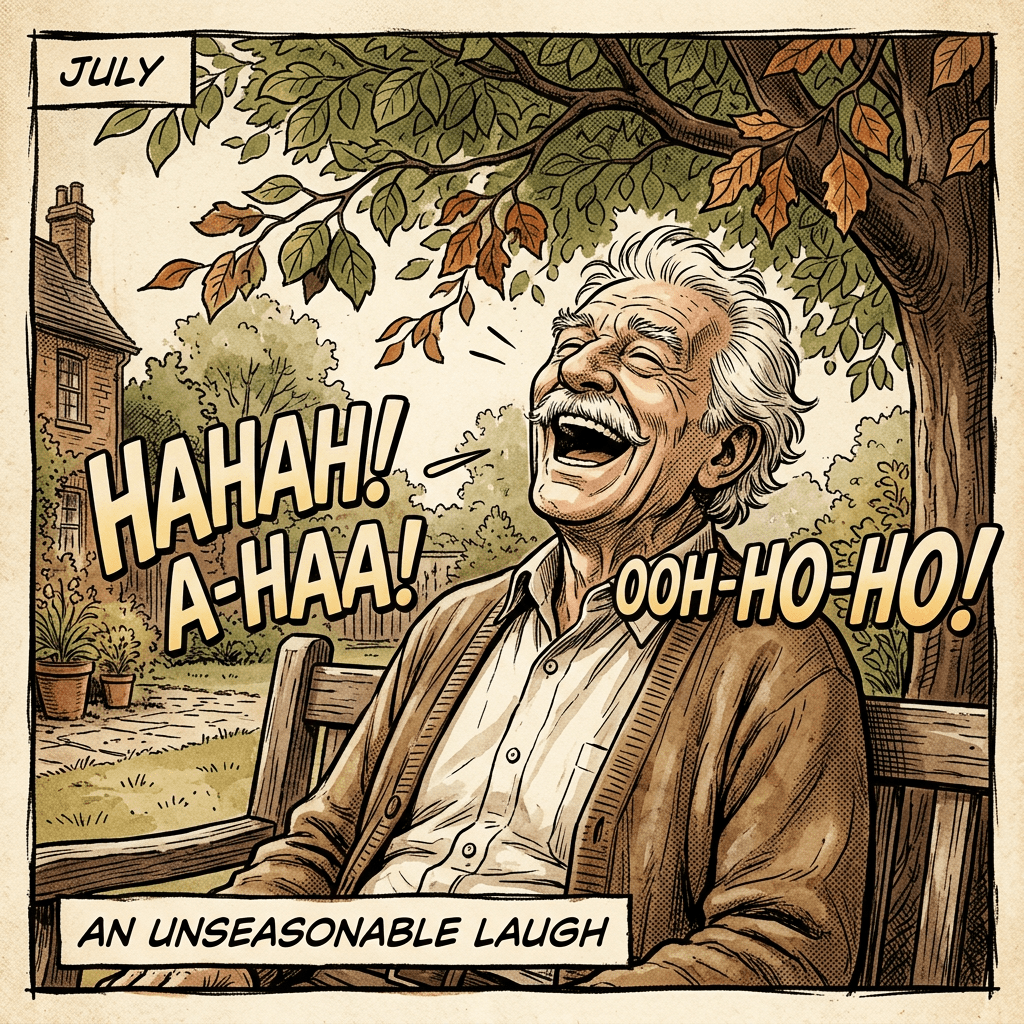 Old man laughing, autumn peeking in July sepia