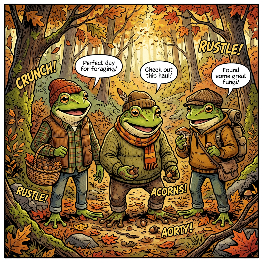 Bullfrogs wearing fall clothing in woods