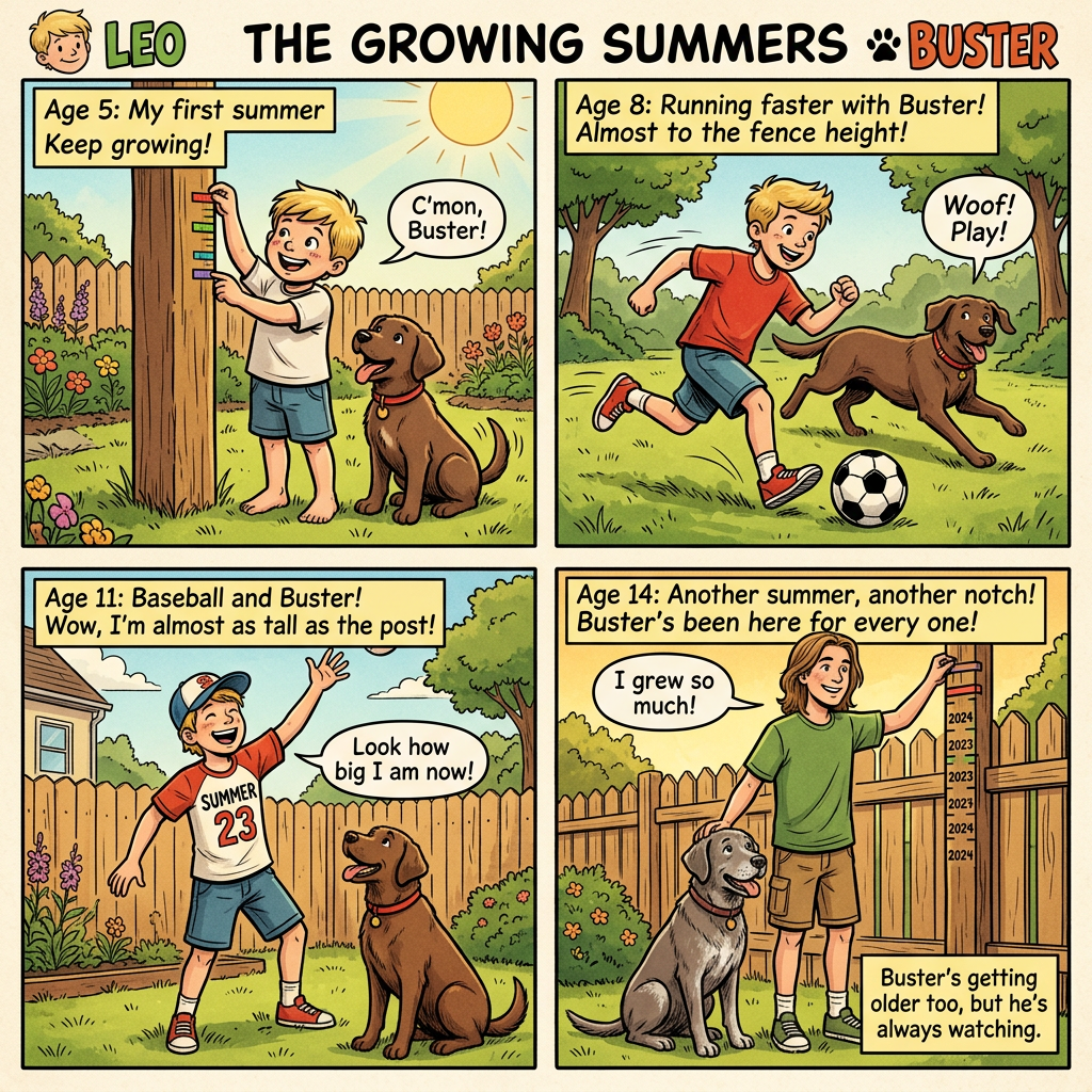 Boy growing each summer, dog watching