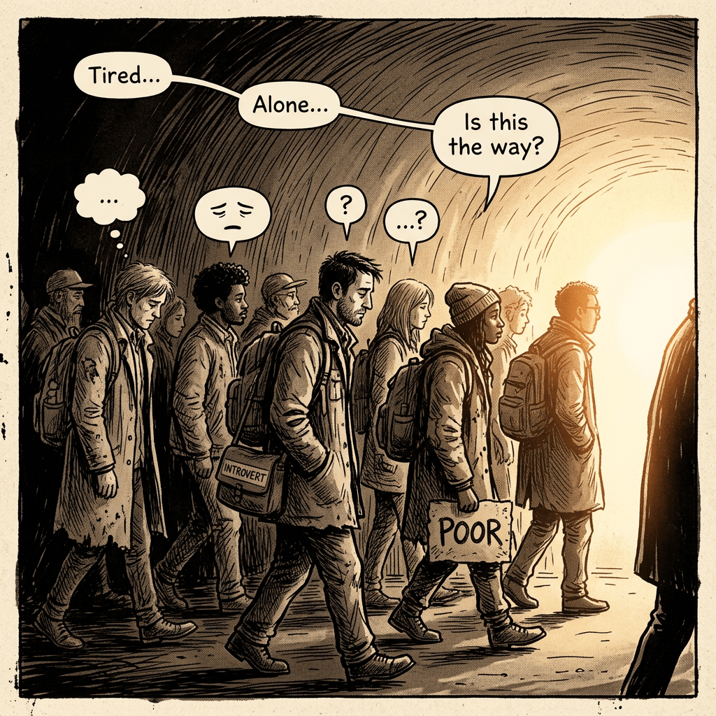 People walking through a tunnel with thoughtful expressions and speech bubbles conveying tiredness, loneliness, and uncertainty
