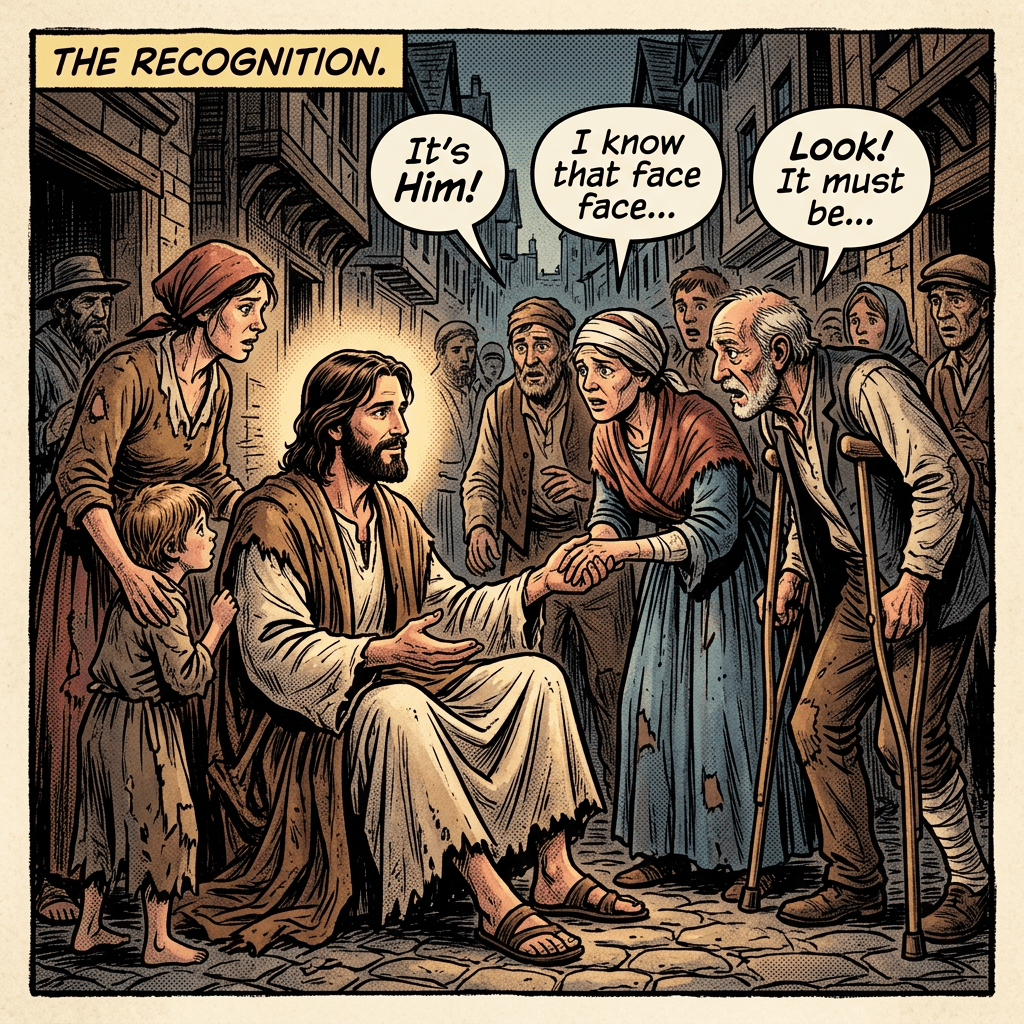 Christ beggar recognized by poor and sick