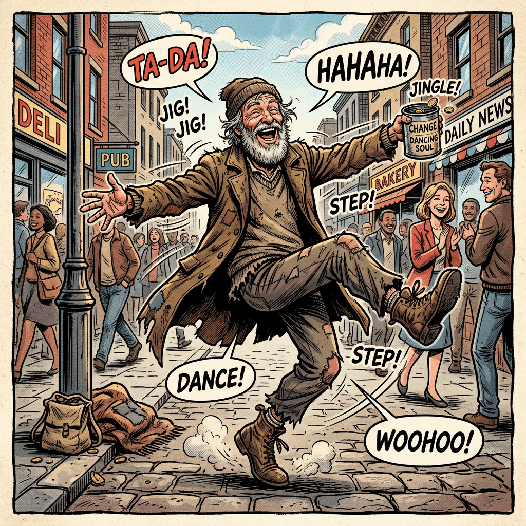 Elderly man in worn clothes dancing happily on city street holding a container labeled 'Change Dancing Soul'