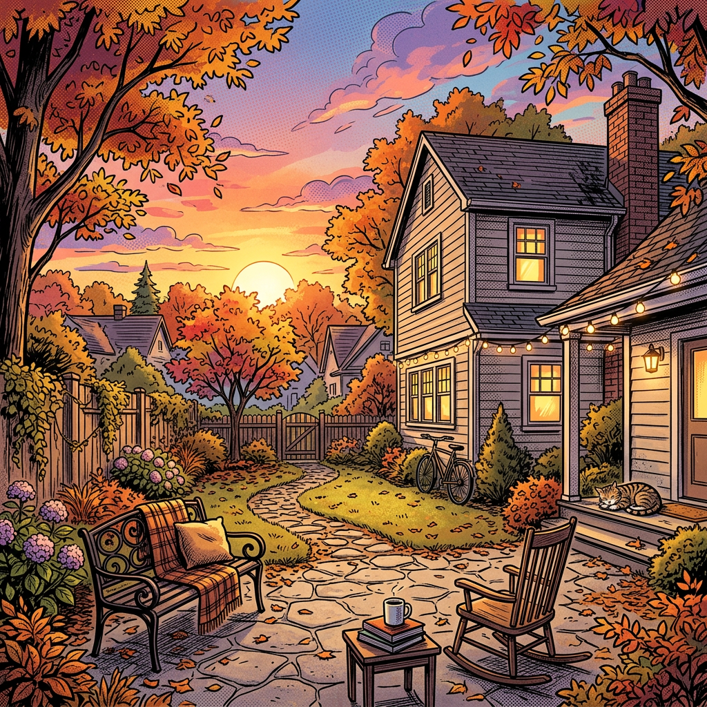 Suburban backyard with autumn foliage, sunset, cozy seating area, and a cat on the porch