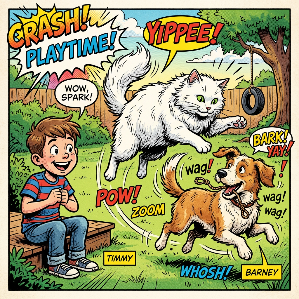 Big white cat plays with dog, boy watching
