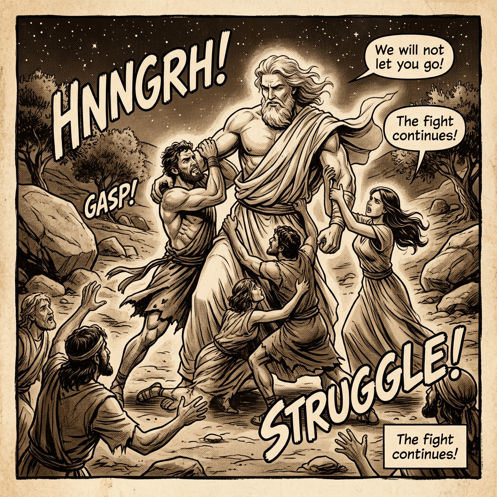 A strong, glowing man in ancient robes struggles as several people grasp and try to hold him back under a starry sky.