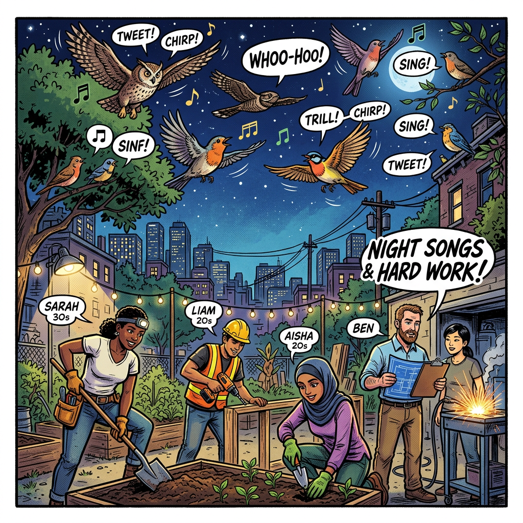 People gardening and working outside at night with birds singing above in city setting