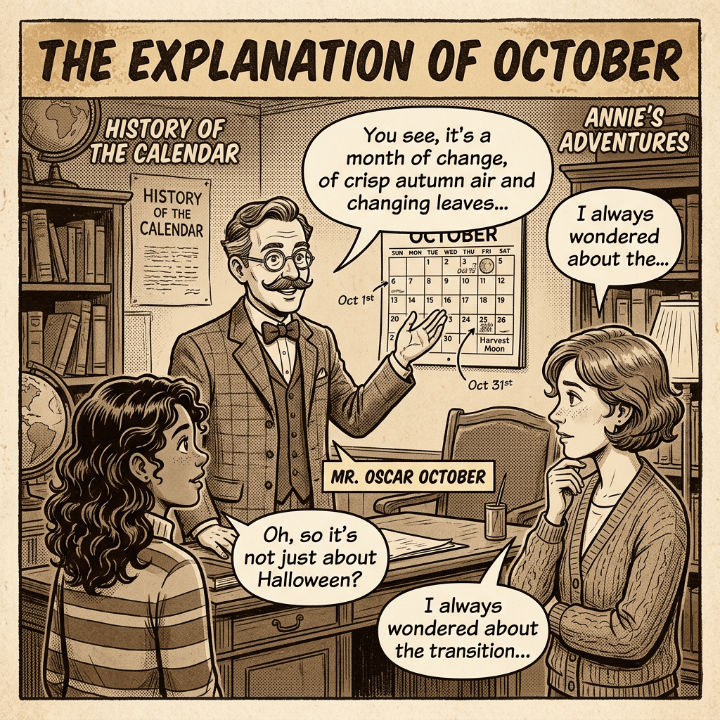 Mr. Oscar October explaining October's changes and significance to two girls in a study room with calendar and books.