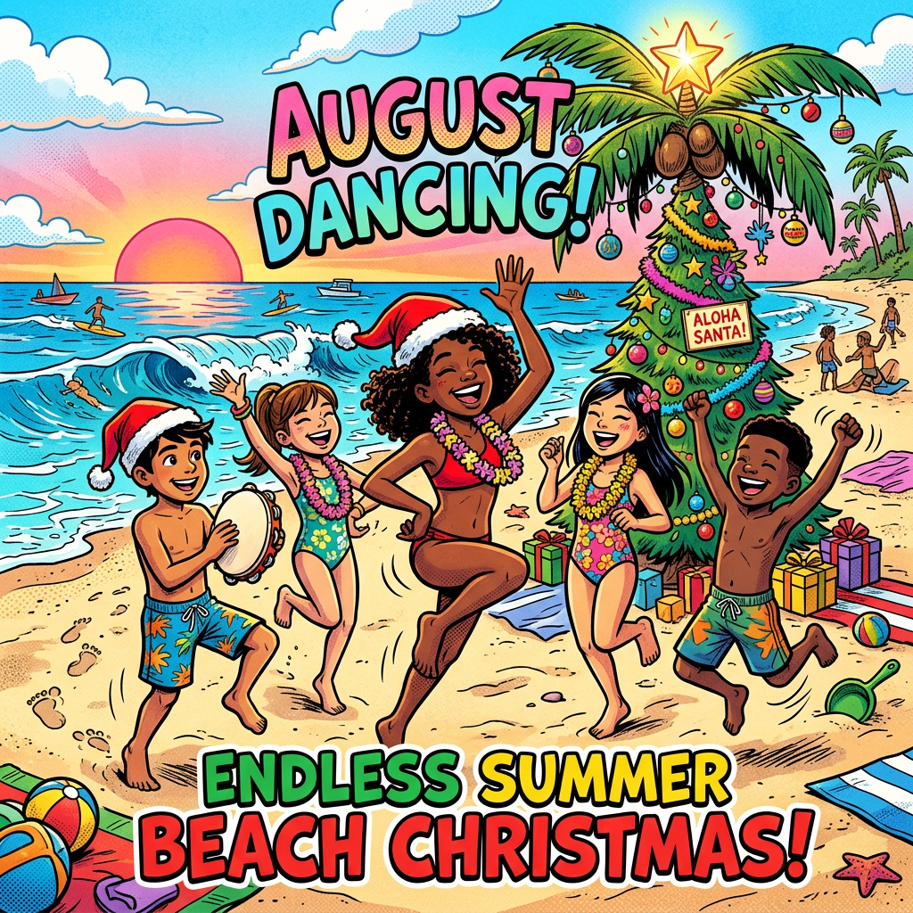 Children dancing on a beach near a Christmas tree decorated with tropical ornaments and a sign reading Aloha Santa