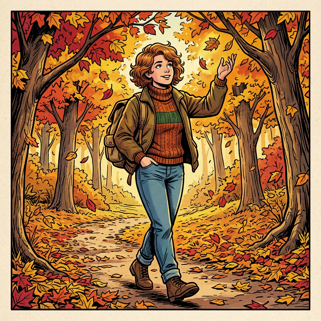 Sally September wearing sweater, changing autumn leaves