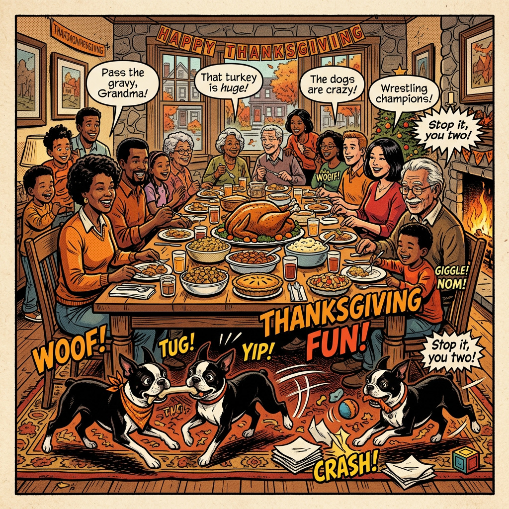 Large family Thanksgiving dinner, Boston terriers playing