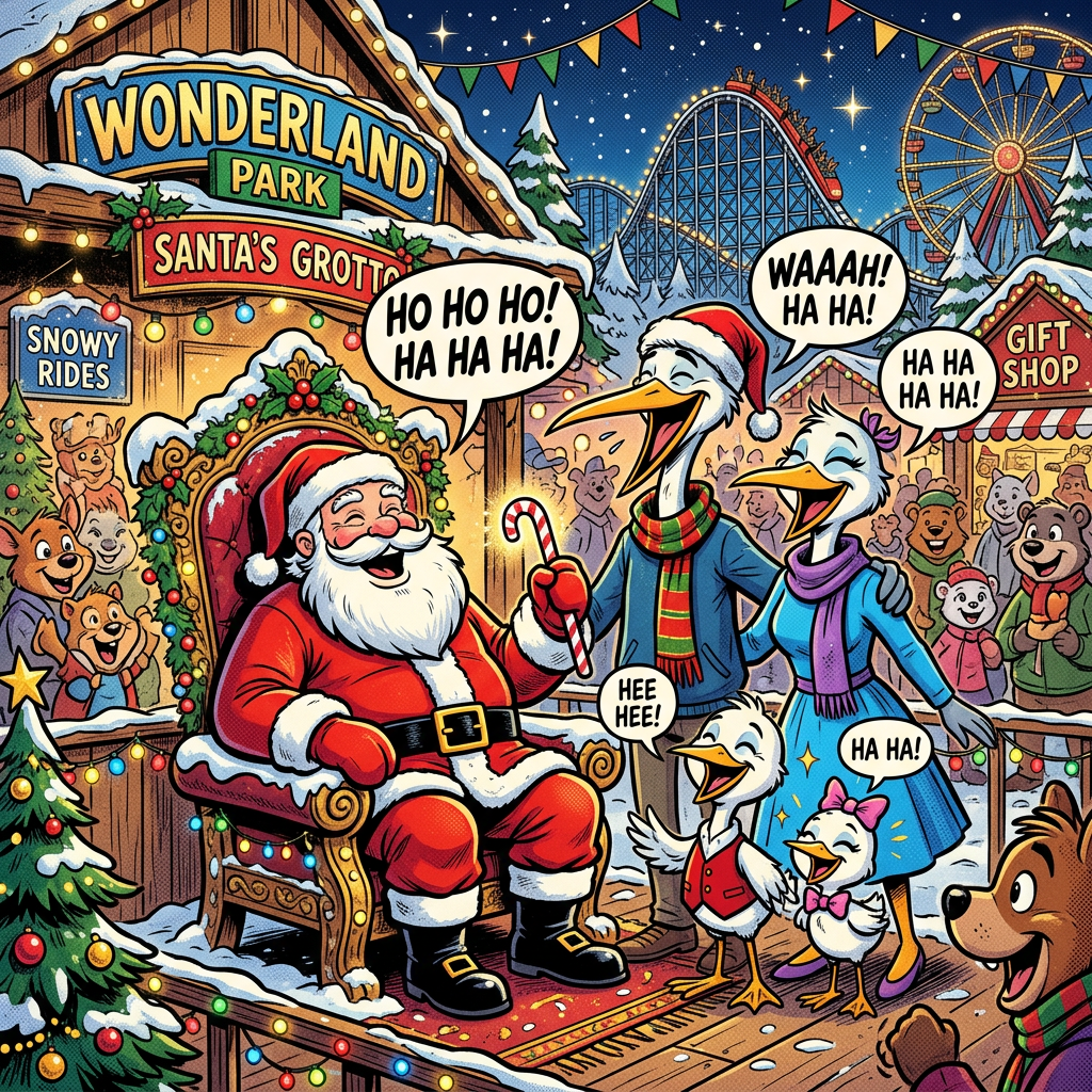 Heron family laughing with Santa at theme park